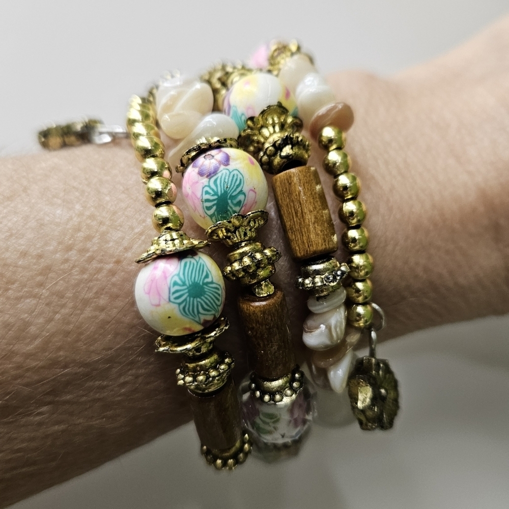 Beaded Spring Memory Wire Bracelet Gold Cream Brown White & Multi-color Beads